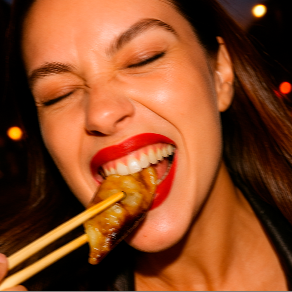 Egy nő, aki élvezettel eszik, miközben pálcikákkal tart egy falat ételt.